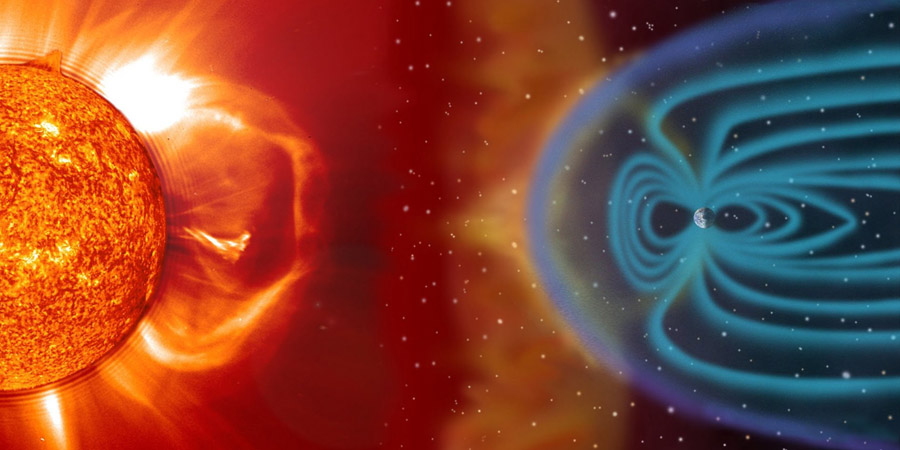 Impressão artística do vento solar ao viajar do Sol e encontrar a magnetosfera da Terra. Esta imagem não está em escala.
