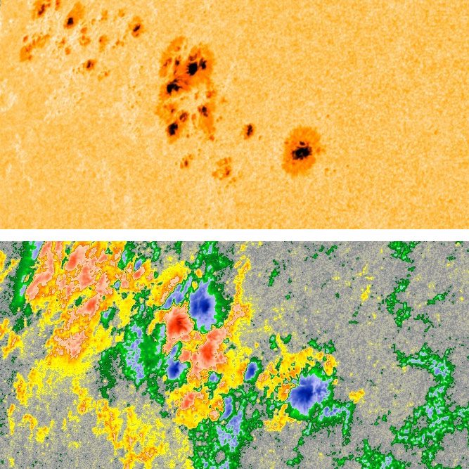 Sunspot region 3112 in visible light (top) and magnetogram (bottom).
