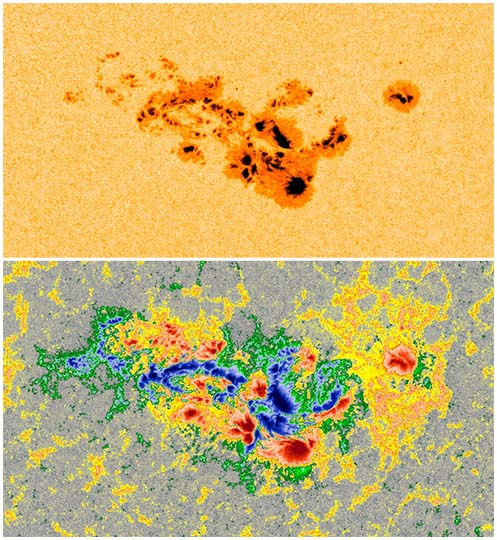 Sunspot regions 3664 and 3668 in visible light and magnetogram as imaged by SDO/HMI.
