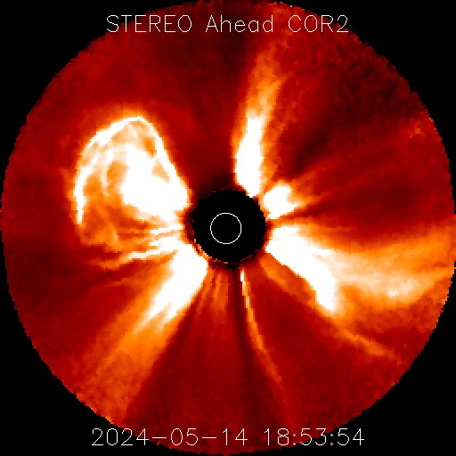 STEREO Ahead COR2 coronagraph imagery showing one CME heading west (X8) and one east (M4) of Earth.